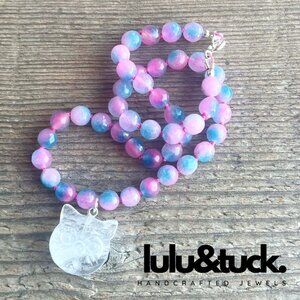 "BUBBLEGUM KITTY" Blue Cherry Agate Gemstone Necklace w/Crystal Quartz Kitty!
